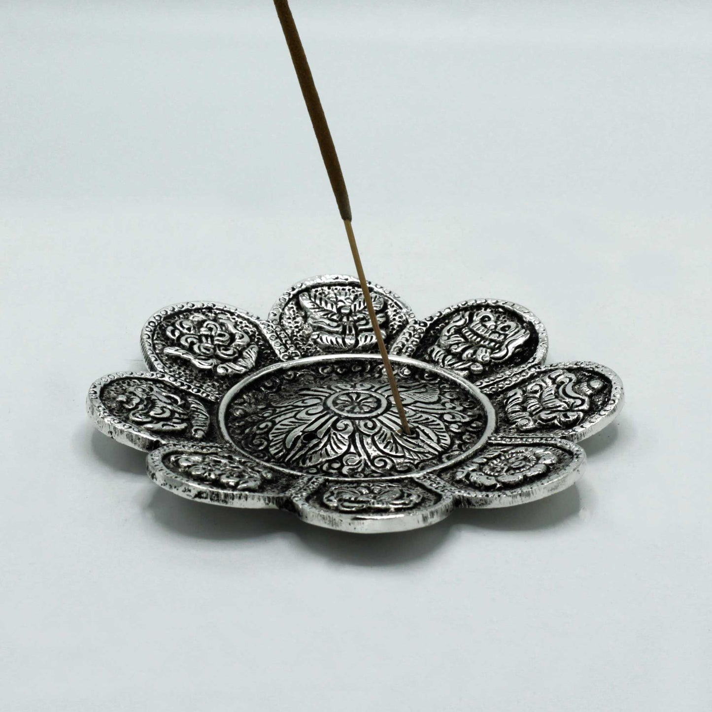 Tibetisch Symbole Räucherhalter aus poliertem Aluminium 12cm