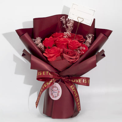 Großer Seifenblumenstrauß Rote Rosen mit Grußkarte Ewige Liebe