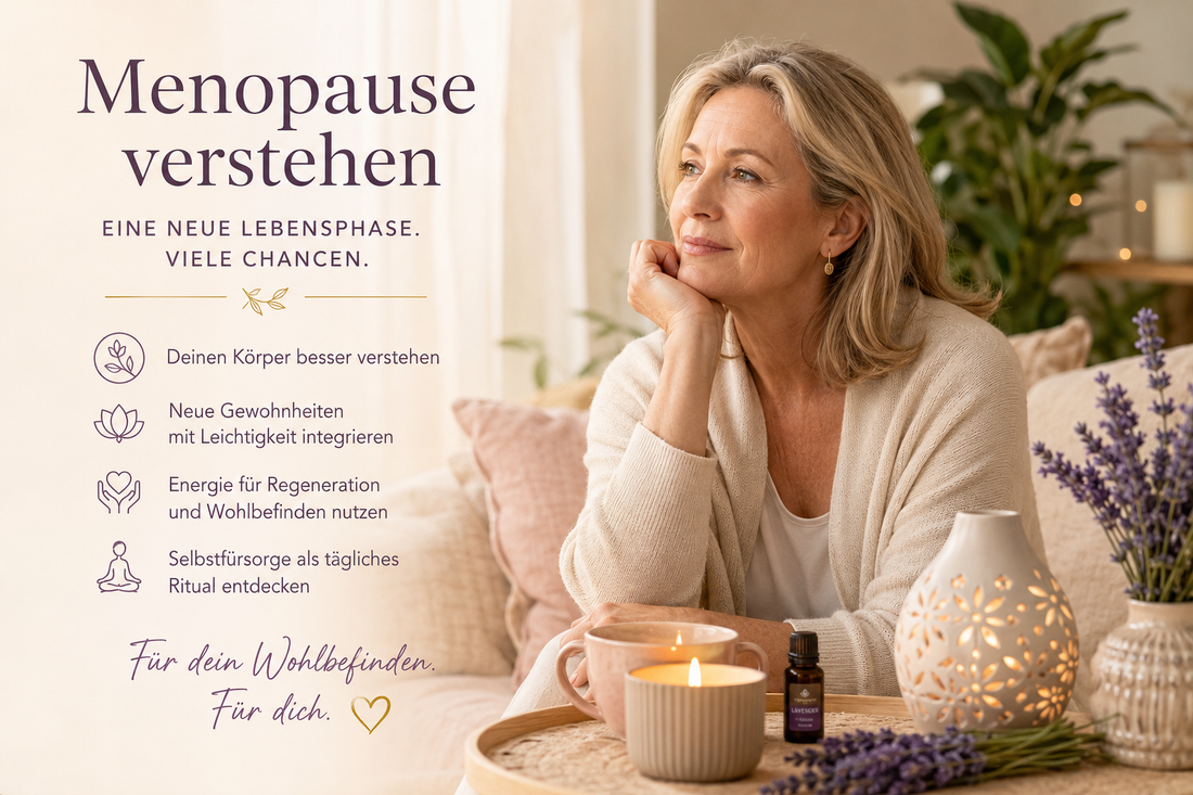 Frau in den Wechseljahren genießt einen ruhigen Moment mit Kerze, ätherischem Öl und Duftlampe als Symbol für Selbstfürsorge und Wohlbefinden während der Menopause.