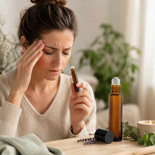 Selbstgemachter Aroma Roll-on mit Pfefferminz-, Lavendel- und Eukalyptusöl auf einem hellen Holztablett.