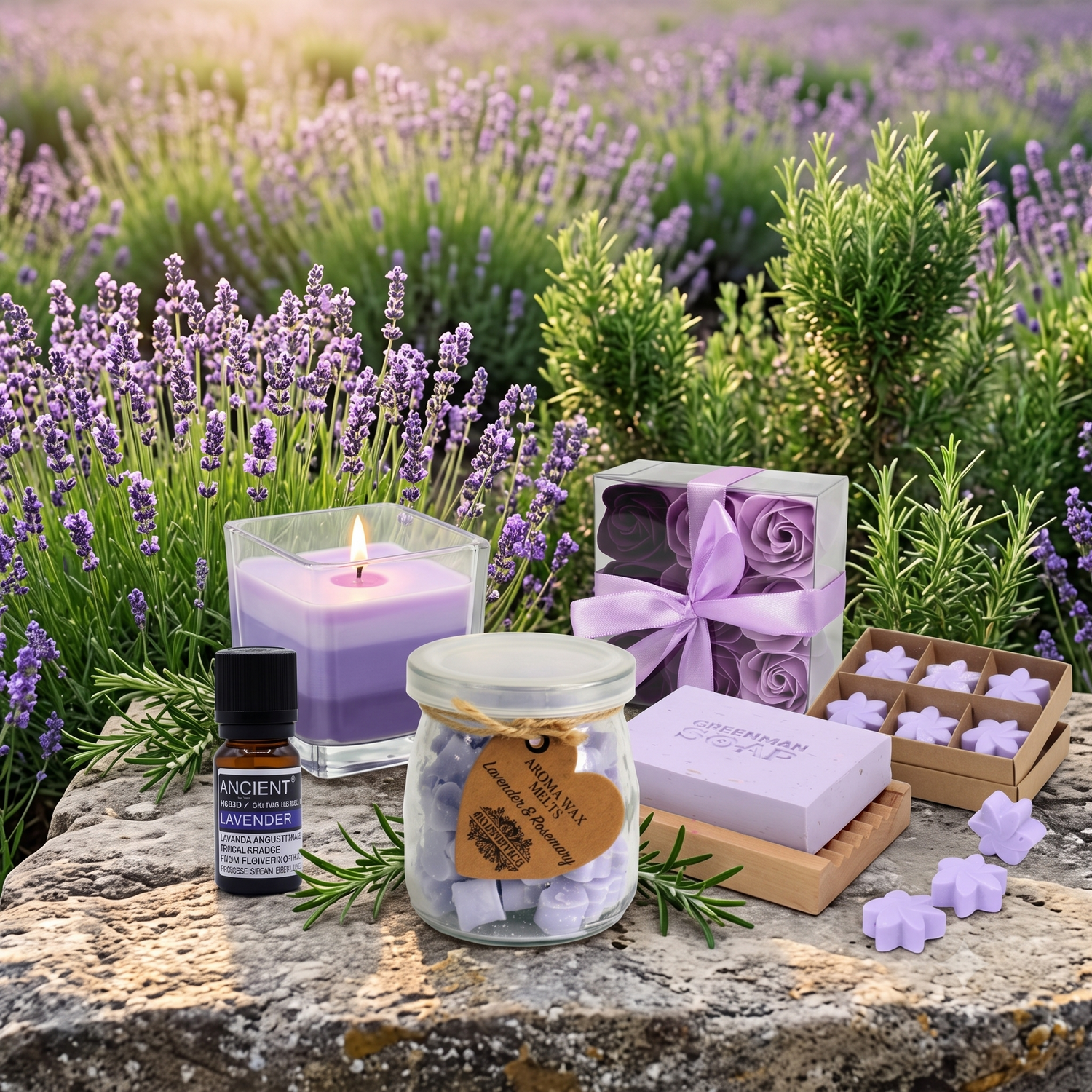 Lavendel Kollektion mit ätherischen Lavendelölen, Seifen, Duftkerzen und Wellness-Produkten für entspannte Wohlfühlmomente.