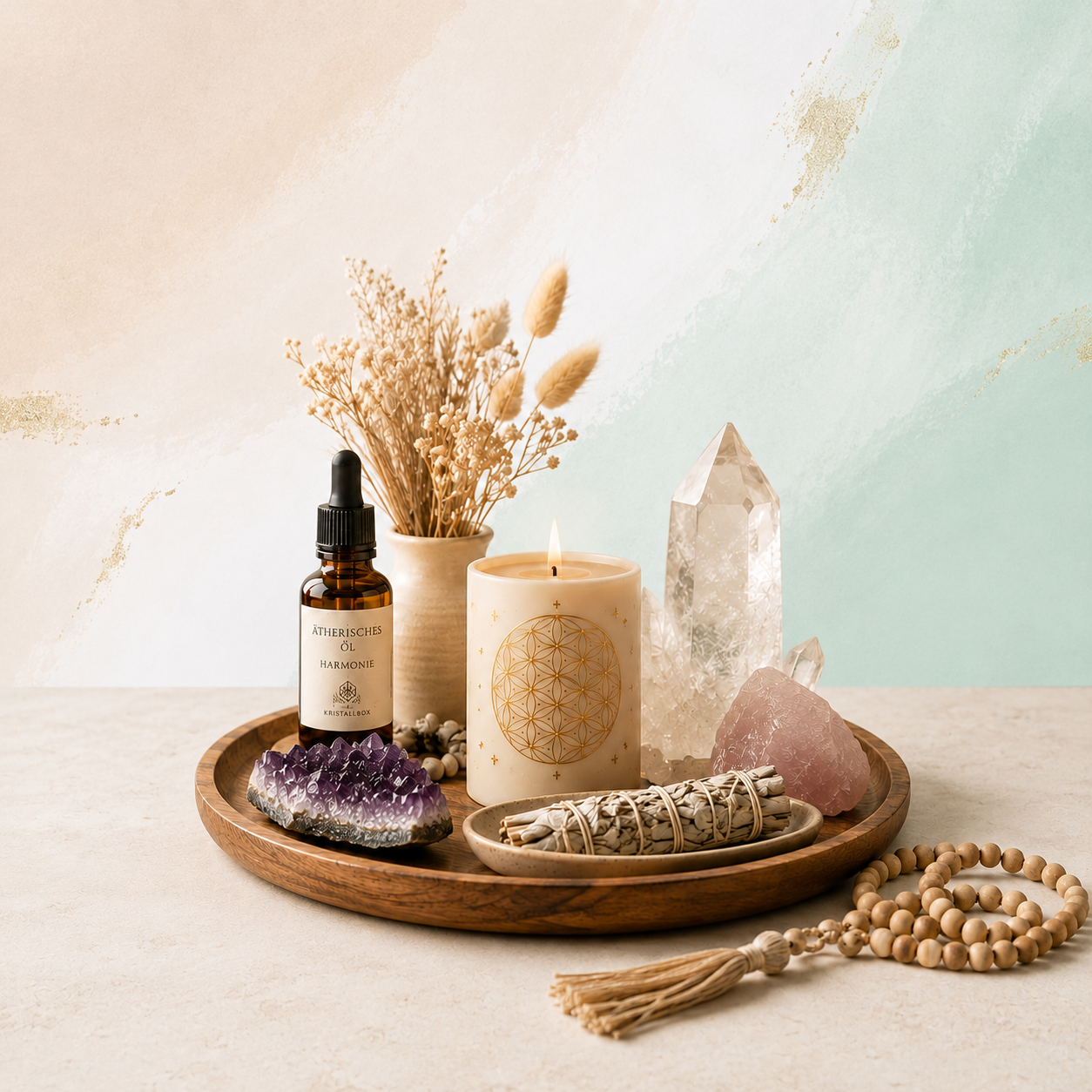 Ritualsets für Meditation und Wohlbefinden mit Duftkerze, White Sage, Geranium Bio-Öl und Rosenquarz Edelsteinbaum auf cremefarbenem Hintergrund.