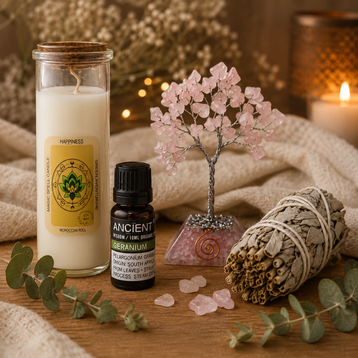 Ritual Set Glück & Harmonie mit Kerze, White Sage, Geranium Bio-Öl und Rosenquarz Edelsteinbaum in einer warmen Wellness-Atmosphäre.