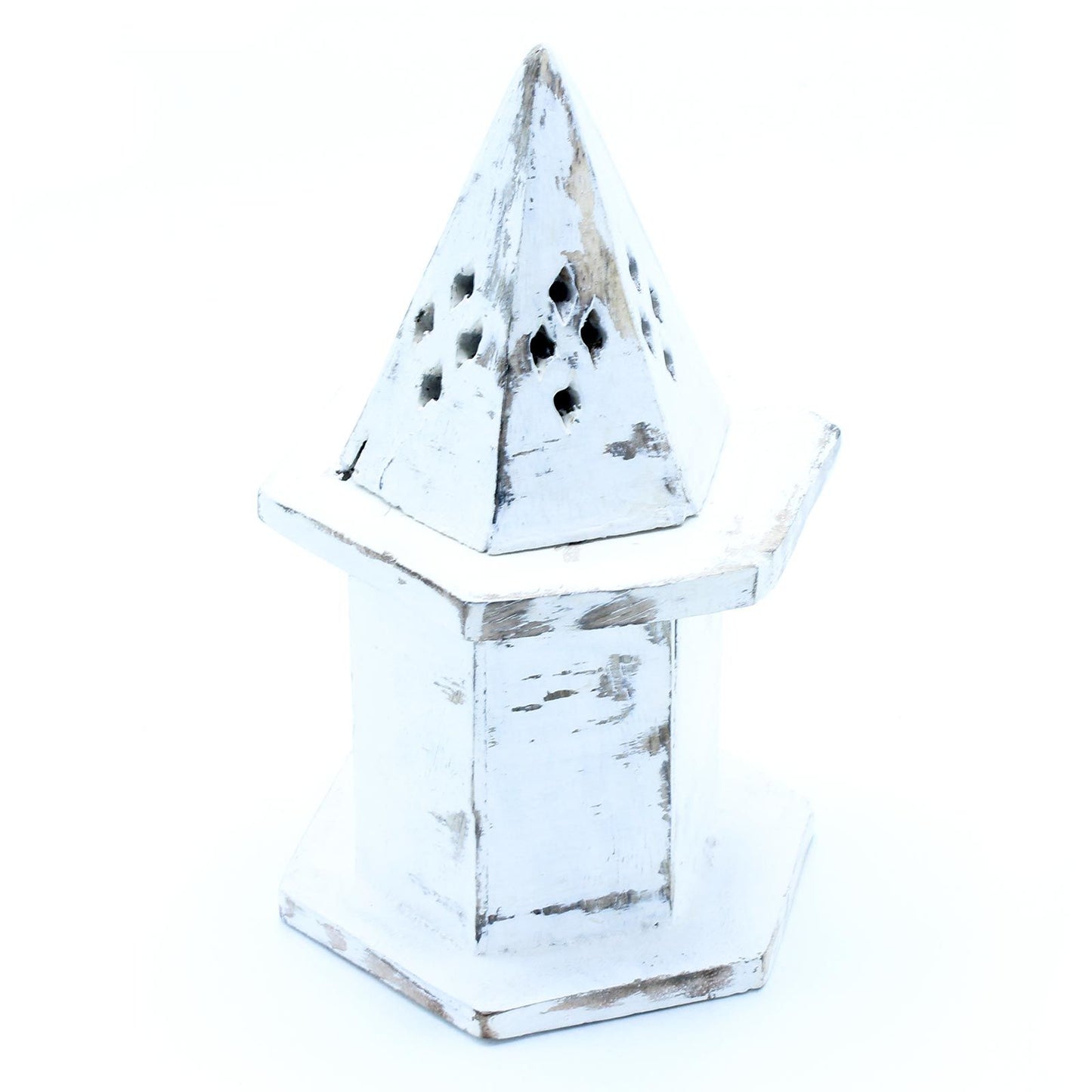 Weiß gekalkter Räucherhalter Pyramiden Minihaus