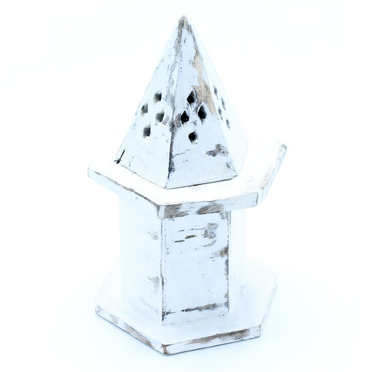 Weiß gekalkter Räucherstäbchenhalter Pyramiden Minihaus