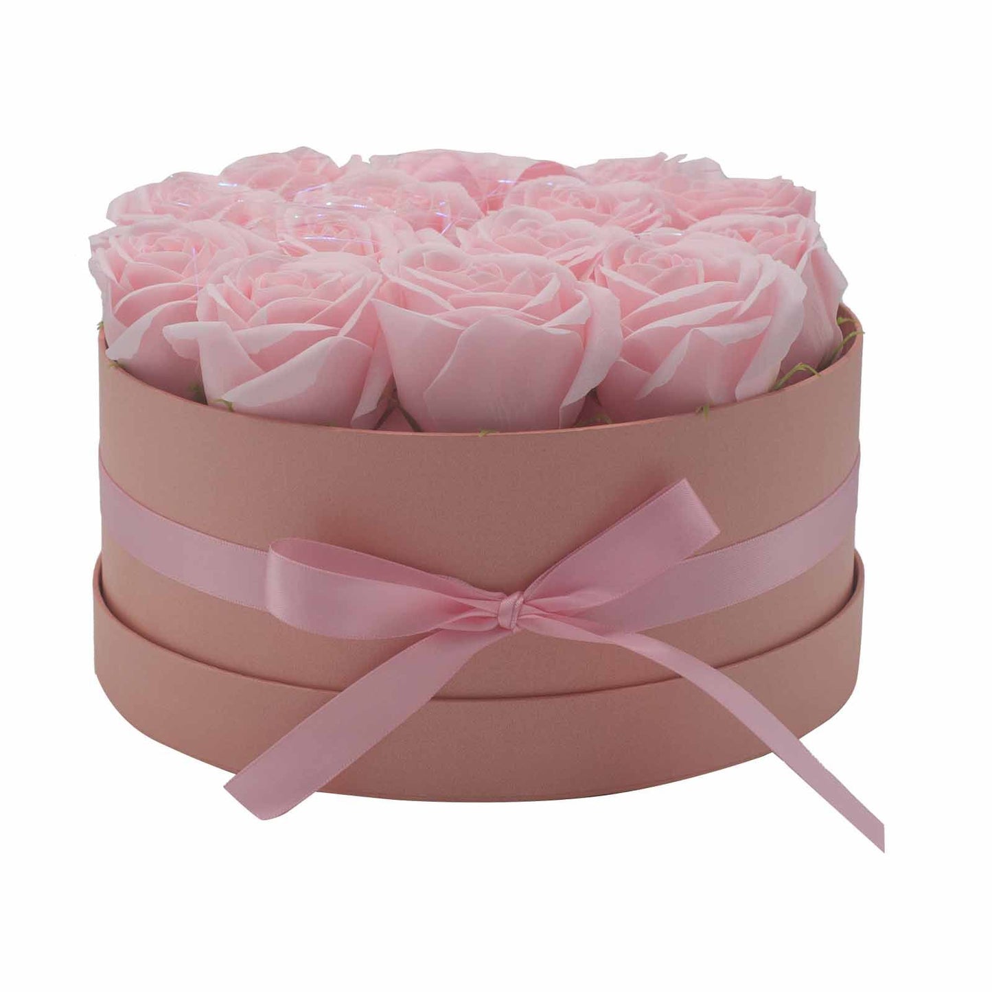 Seifenblumen Geschenkstrauß mit 14 Rosa Rosen in Runde Box