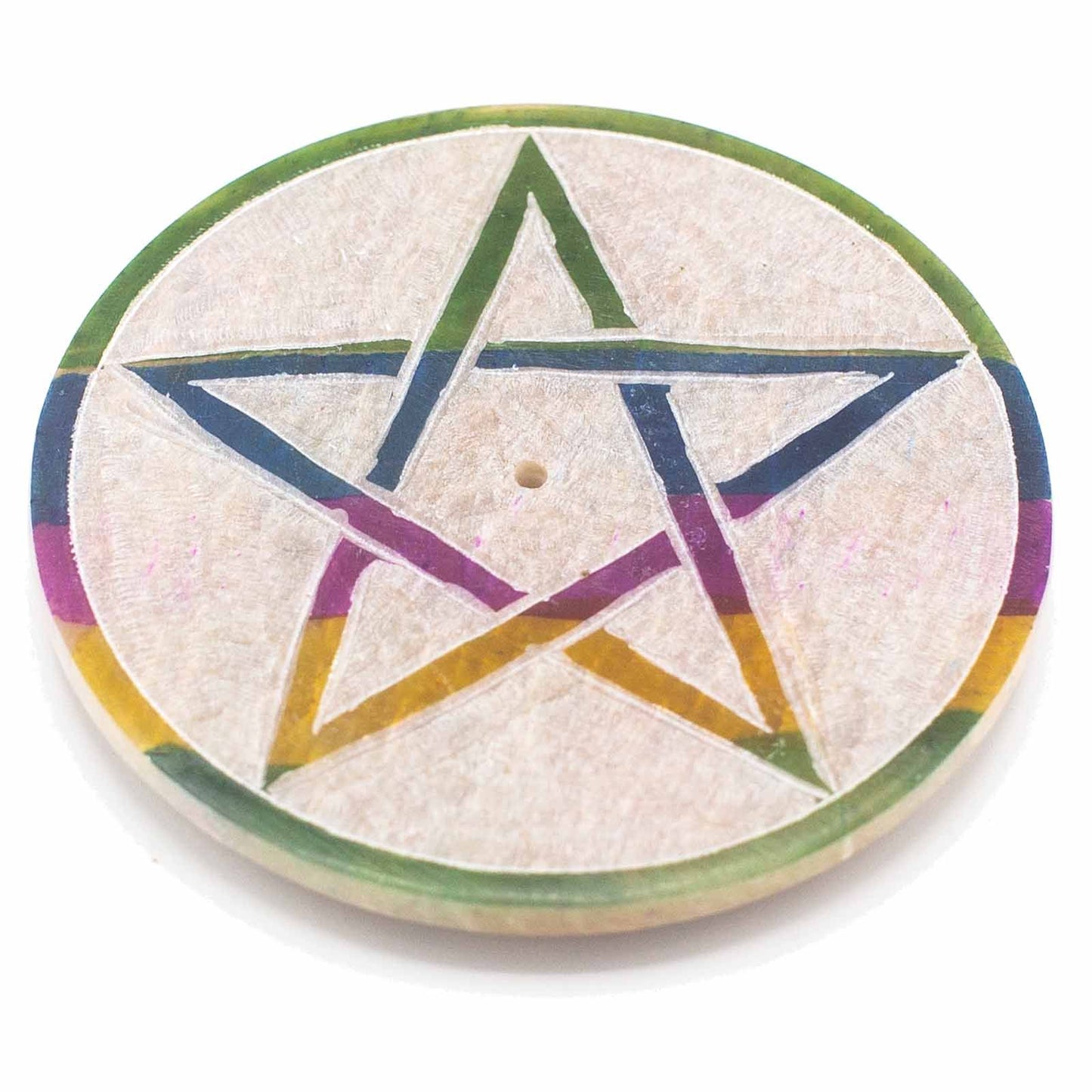 Runde Räucherhalterplatte aus Speckstein 8cm Pentagramm