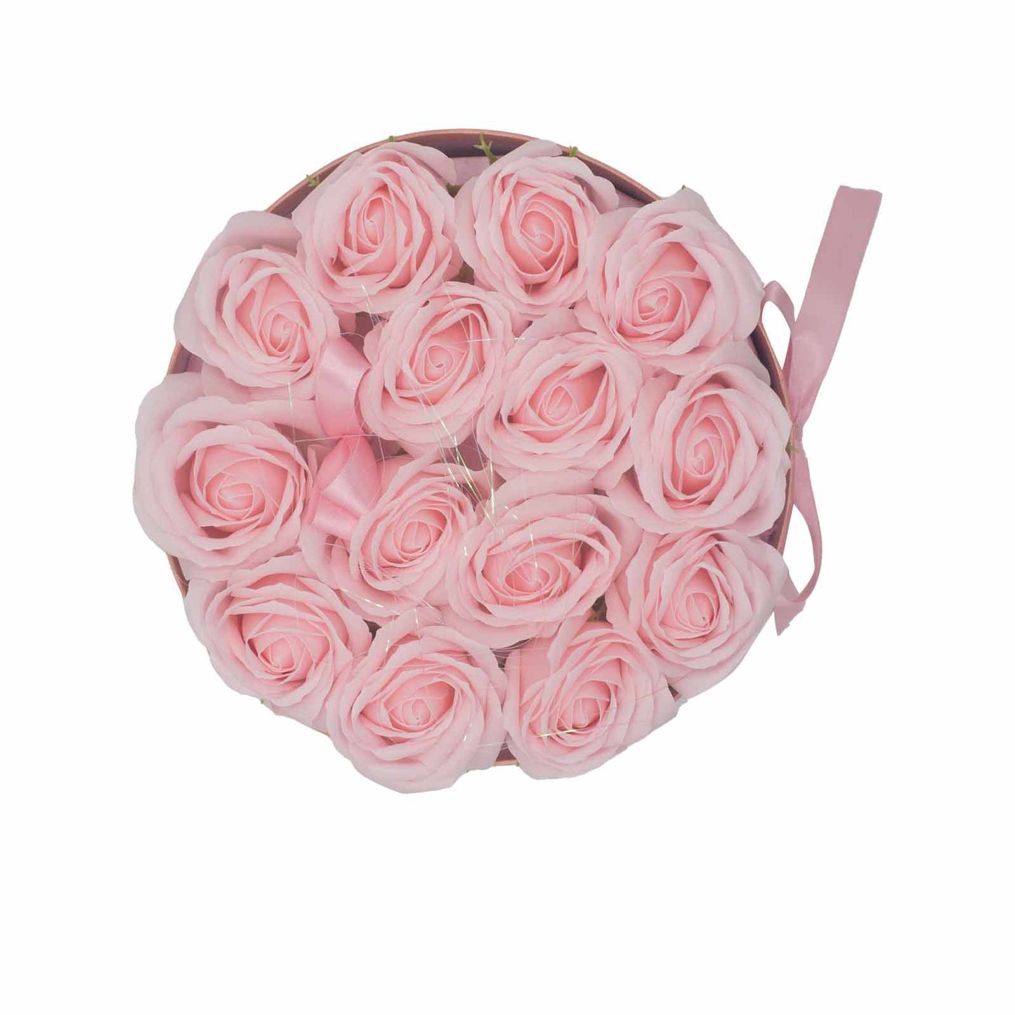 Seifenblumen Geschenkstrauß mit 14 Rosa Rosen in Runde Box