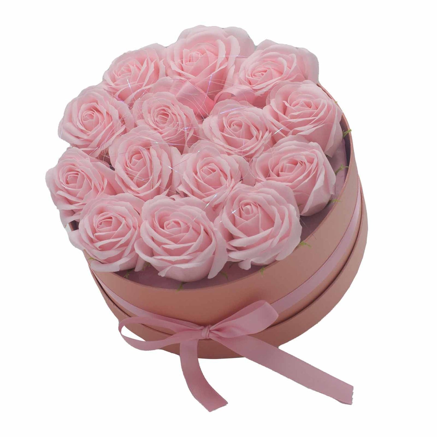 Seifenblumen Geschenkstrauß mit 14 Rosa Rosen in Runde Box