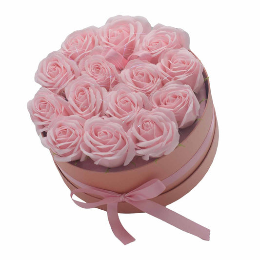 Seifenblumen Geschenkstrauß mit 14 Rosa Rosen in Runde Box