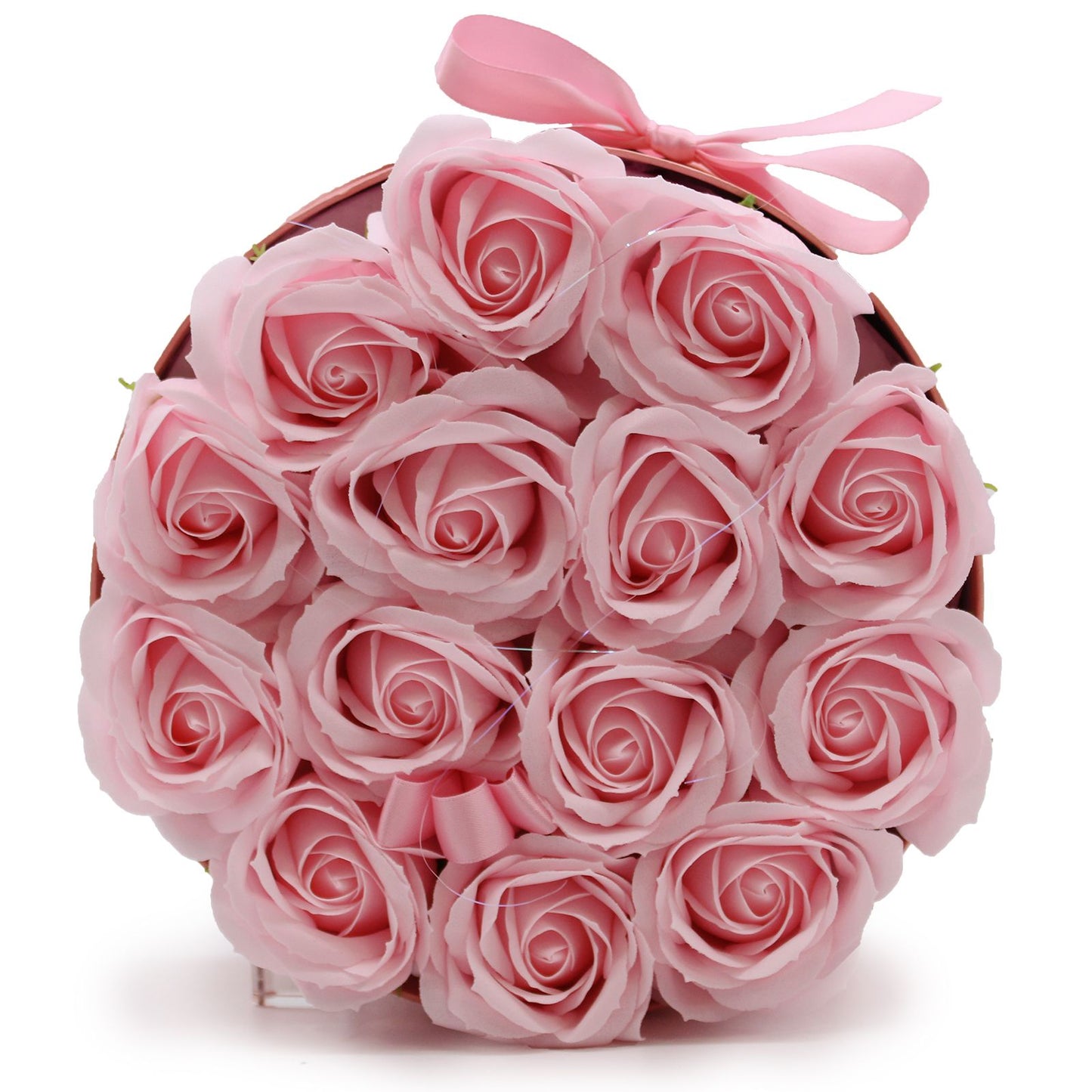 Seifenblumen Geschenkstrauß mit 14 Rosa Rosen in Runde Box