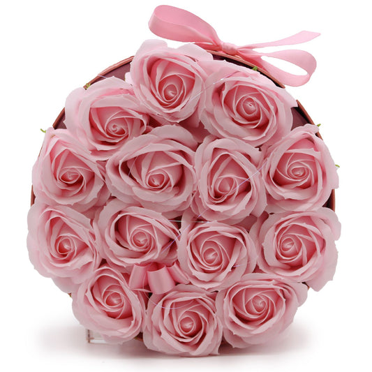 Seifenblumen Geschenkstrauß mit 14 Rosa Rosen in Runde Box
