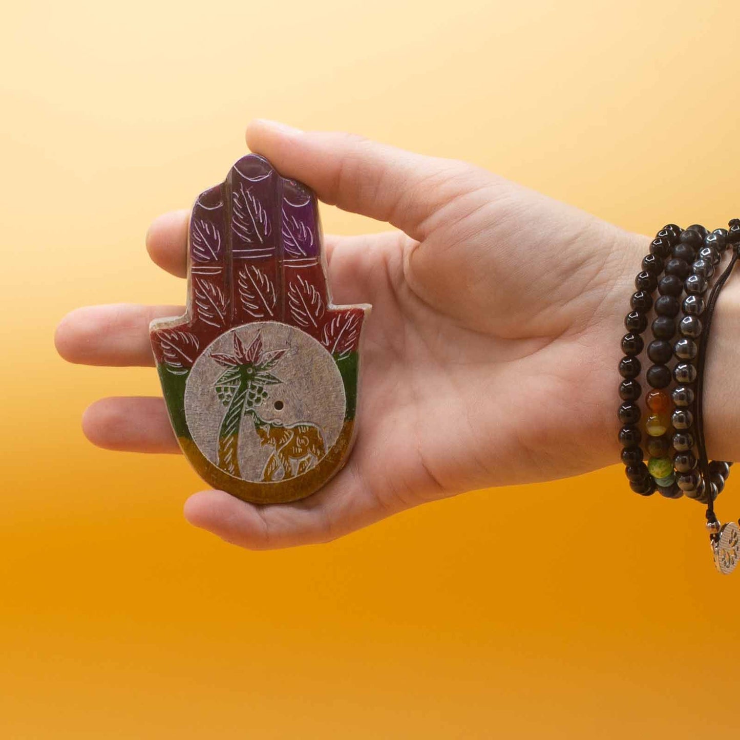 Hamsa Räucherhalter aus Speckstein 9x6cm Elefant und Palme