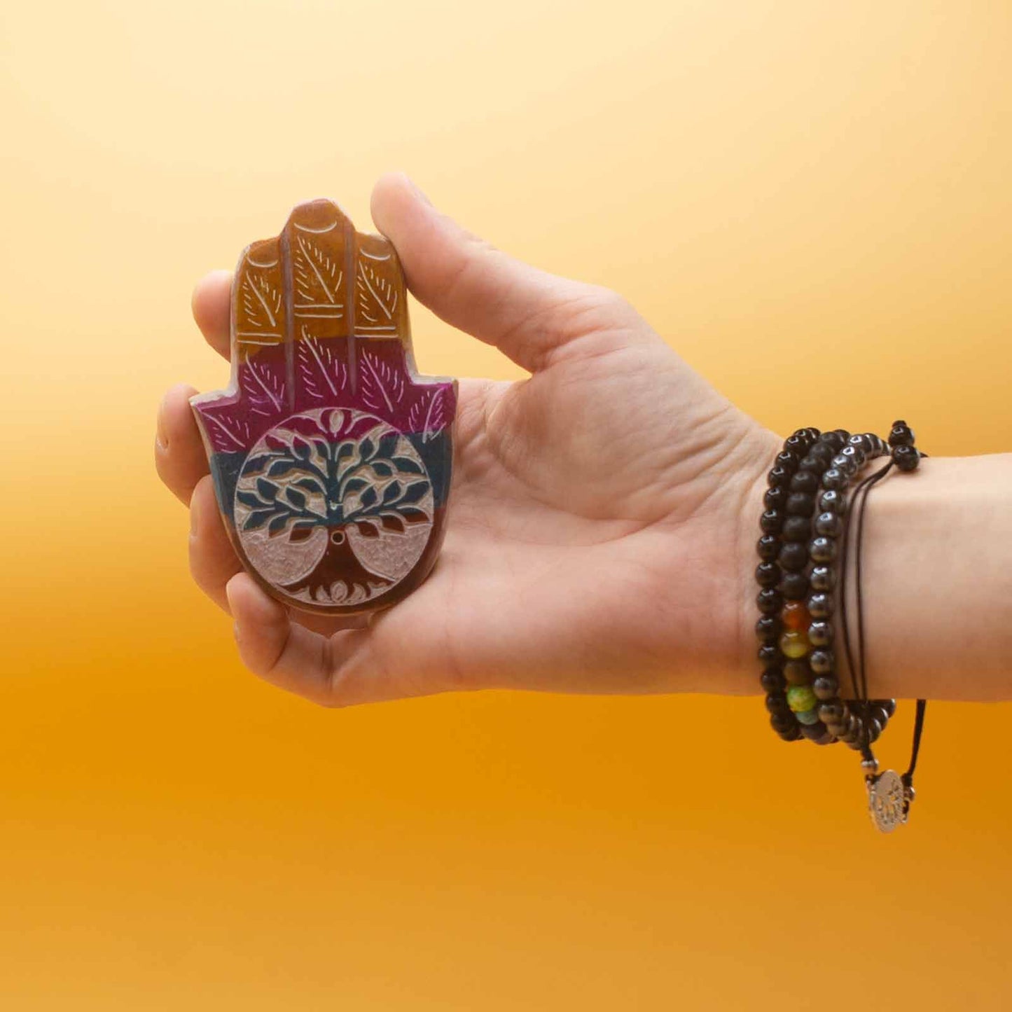 Hamsa Räucherhalter aus Speckstein 9x6cm Lebensbaum