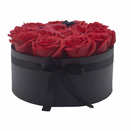 Seifenblumen Geschenkstrauß mit 14 Rote Rosen in Runde Box