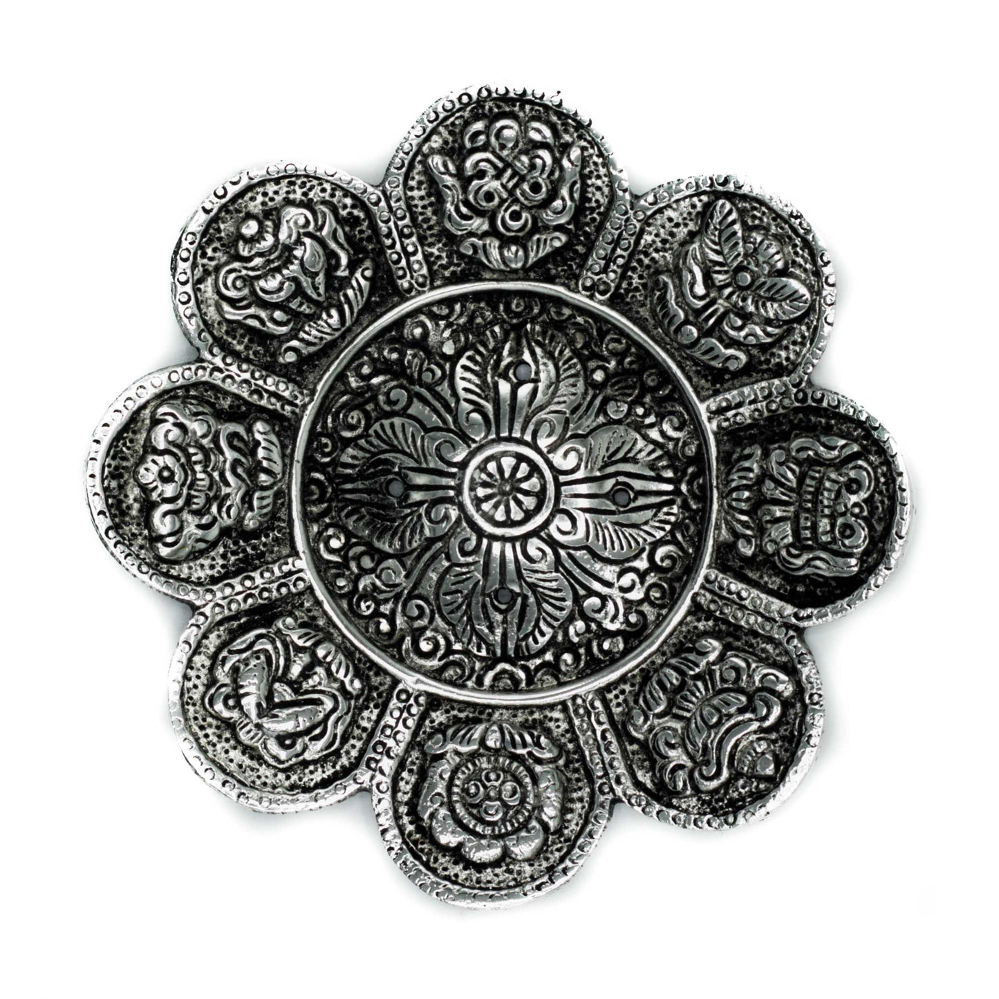 Tibetisch Symbole Räucherhalter aus poliertem Aluminium 12cm