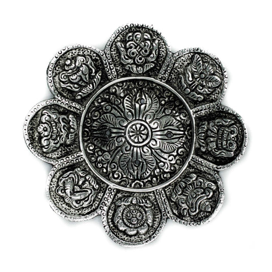 Tibetisch Symbole Räucherstäbchenhalter aus poliertem Aluminium 12cm