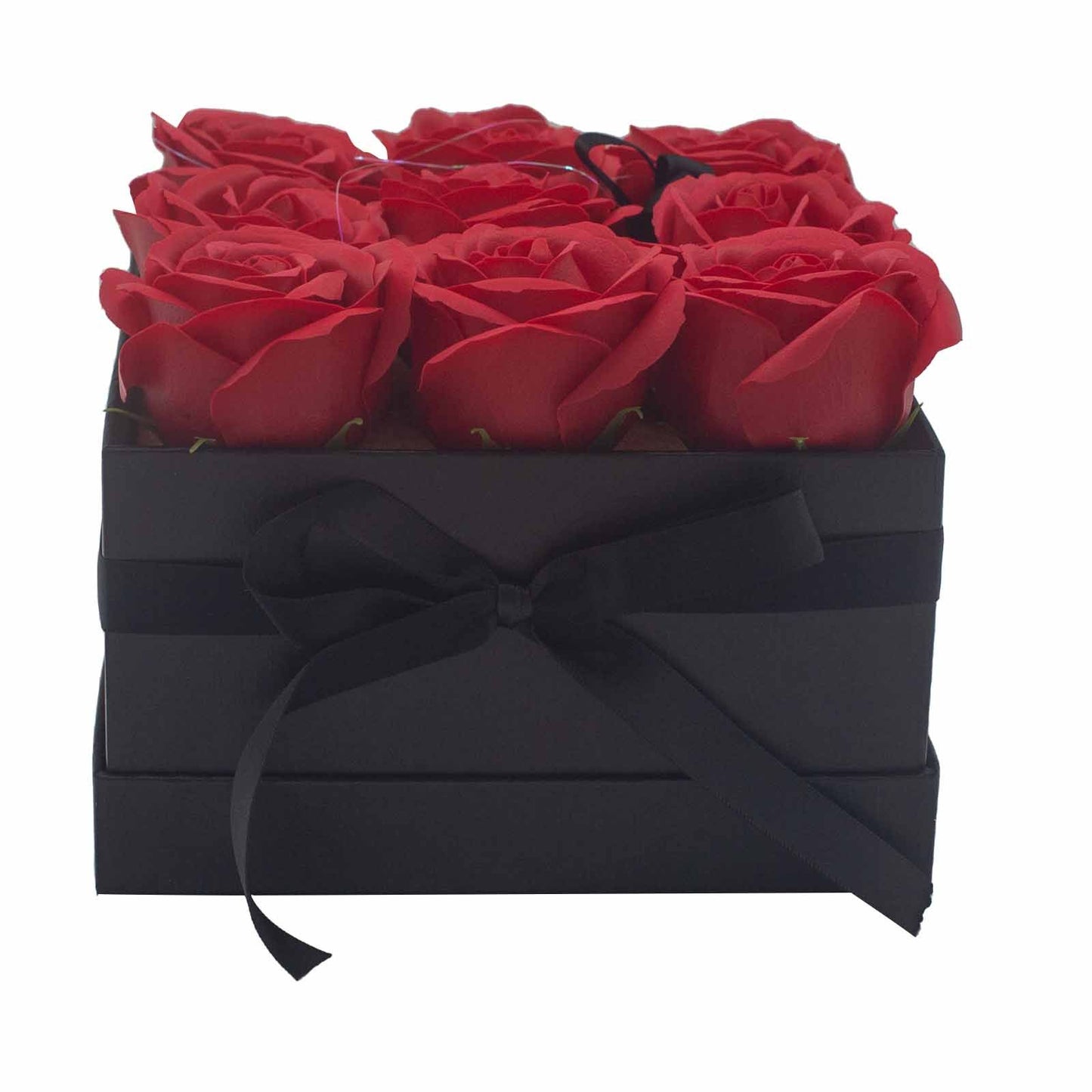 Seifenblumen Geschenkstrauß mit 9 Rote Rosen in Quadratische Box