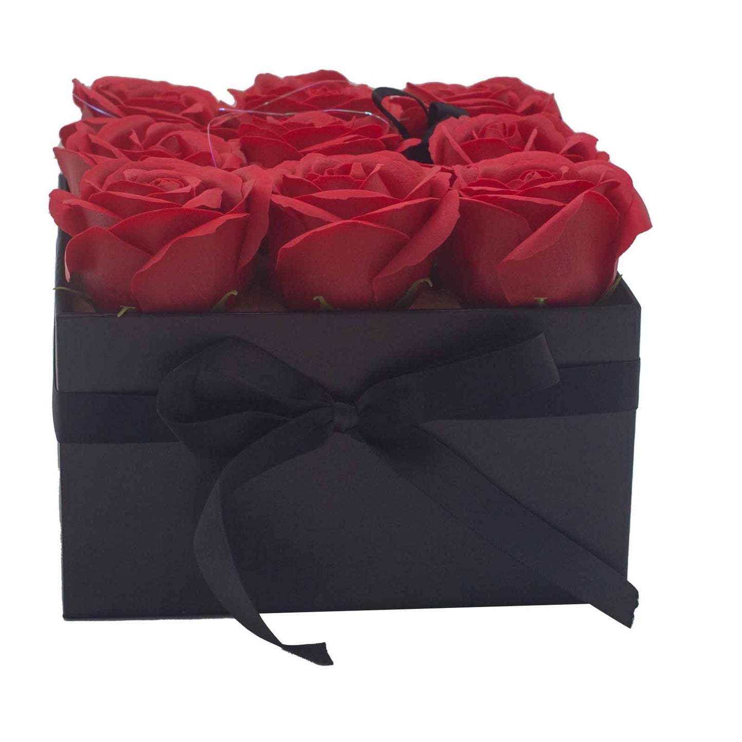 Seifenblumen Geschenkstrauß mit 9 Rote Rosen in Quadratische Box