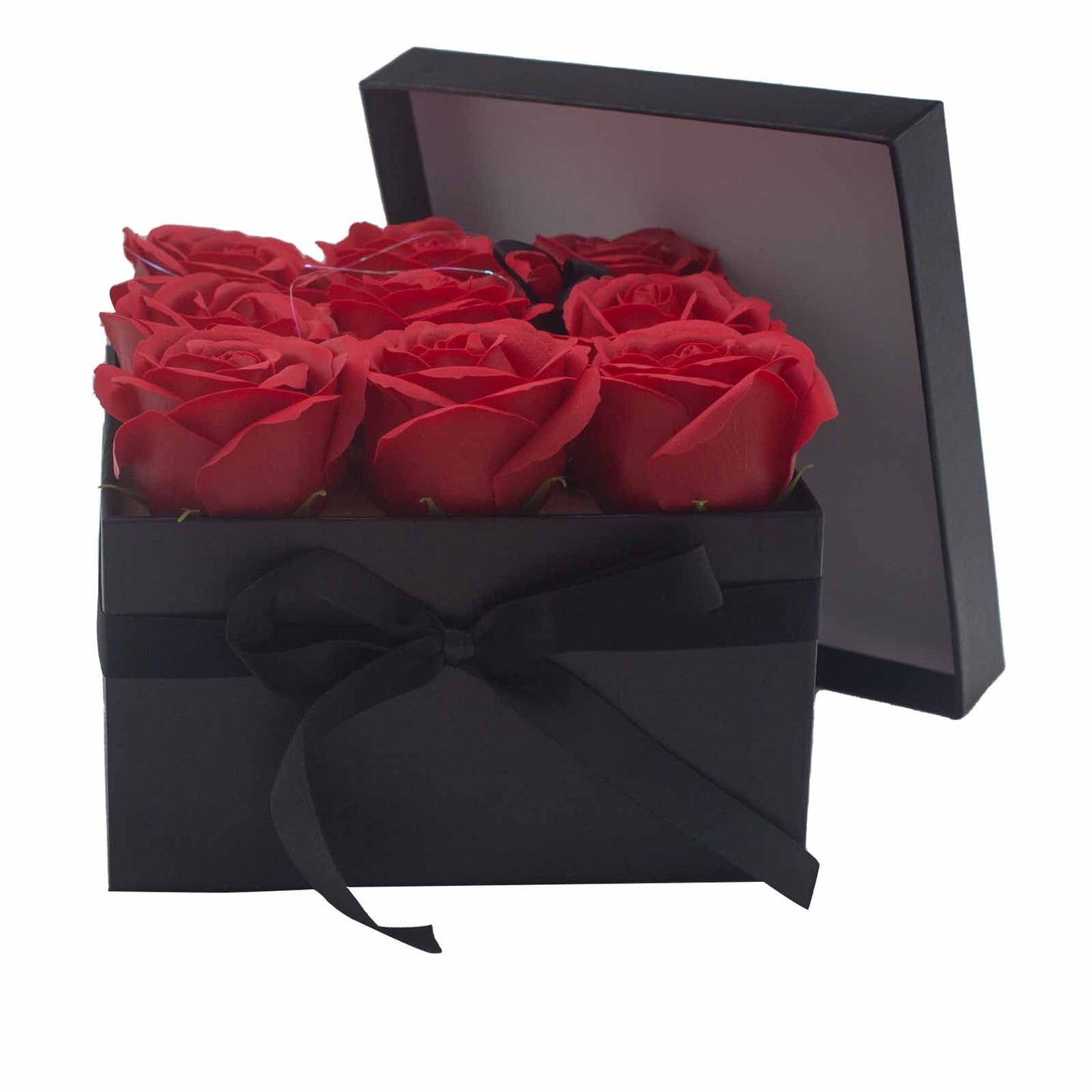 Seifenblumen Geschenkstrauß mit 9 Rote Rosen in Quadratische Box