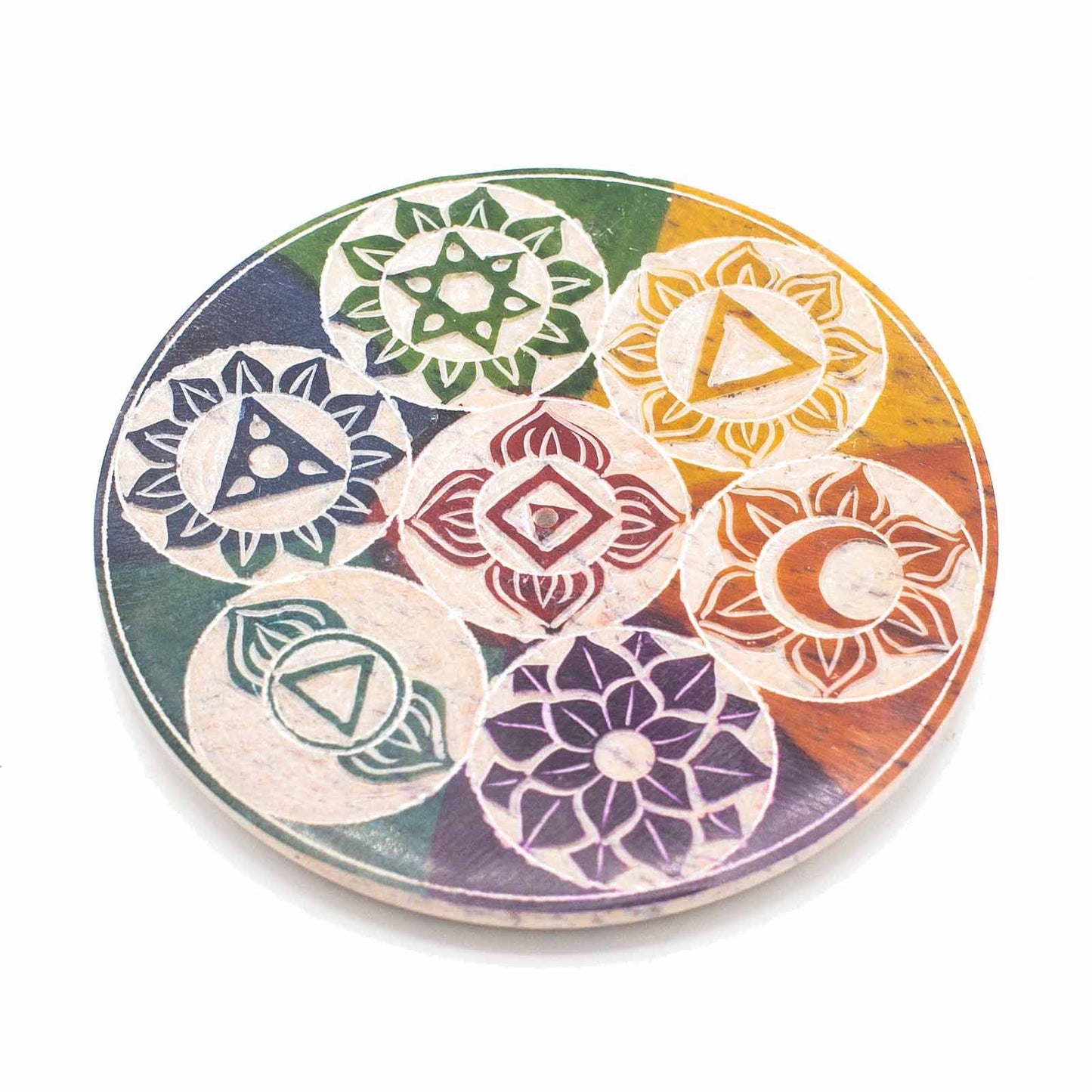 Runde Räucherhalterplatte aus Speckstein 10cm Sieben Chakra