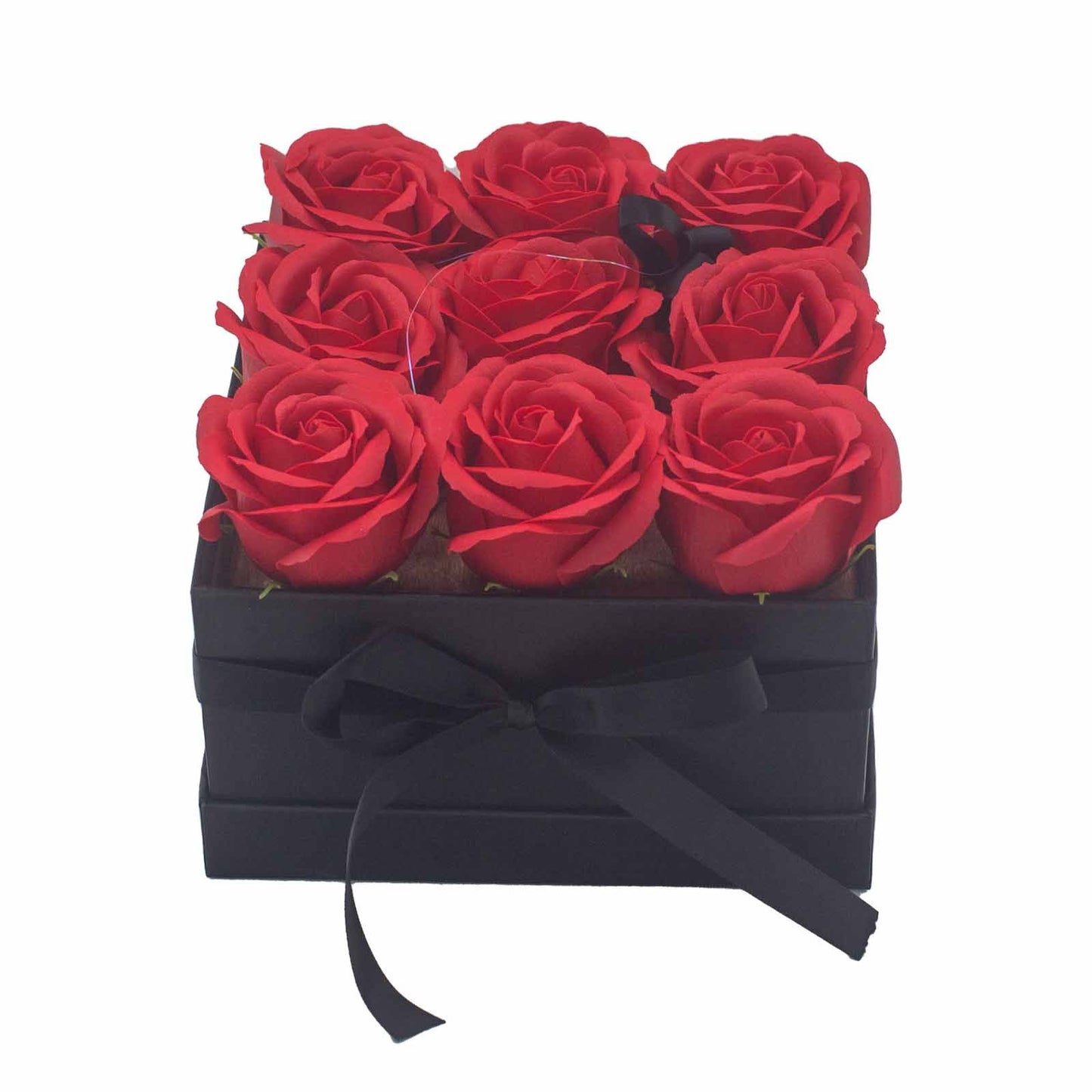 Seifenblumen Geschenkstrauß mit 9 Rote Rosen in Quadratische Box