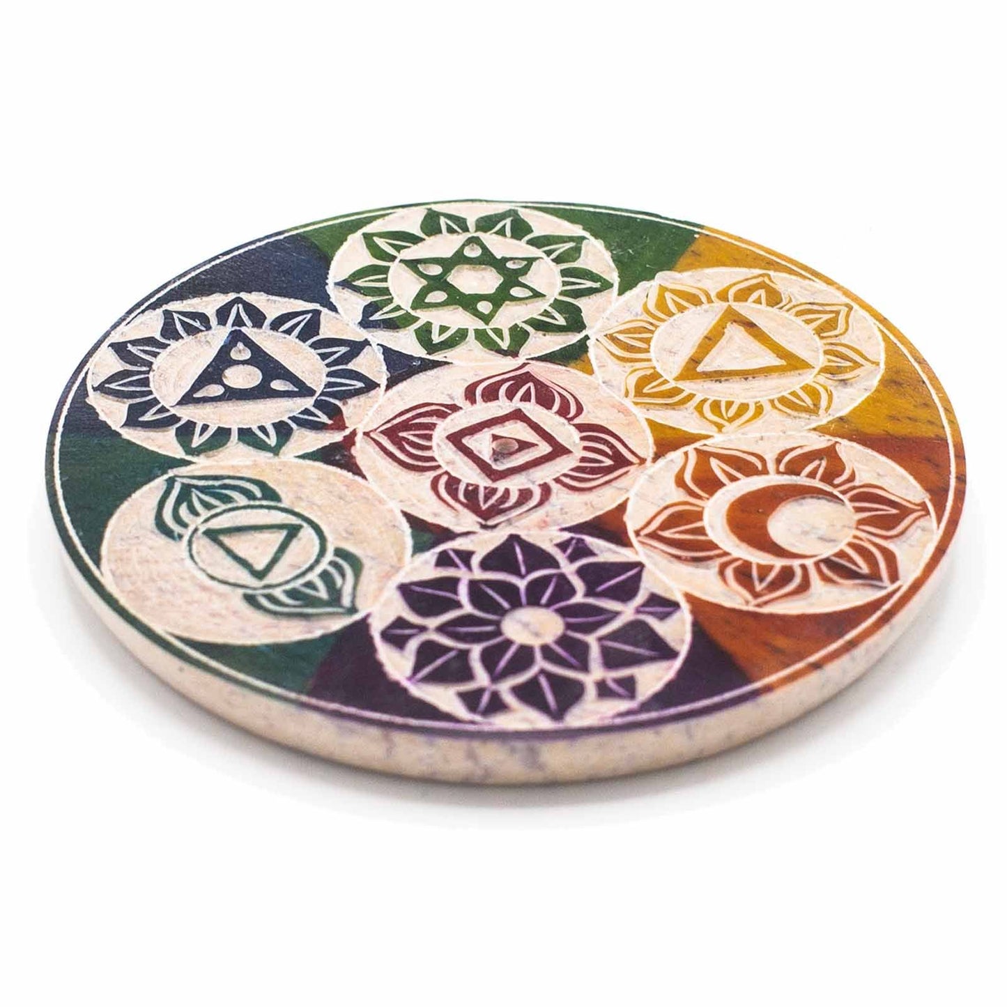 Runde Räucherhalterplatte aus Speckstein 10cm Sieben Chakra