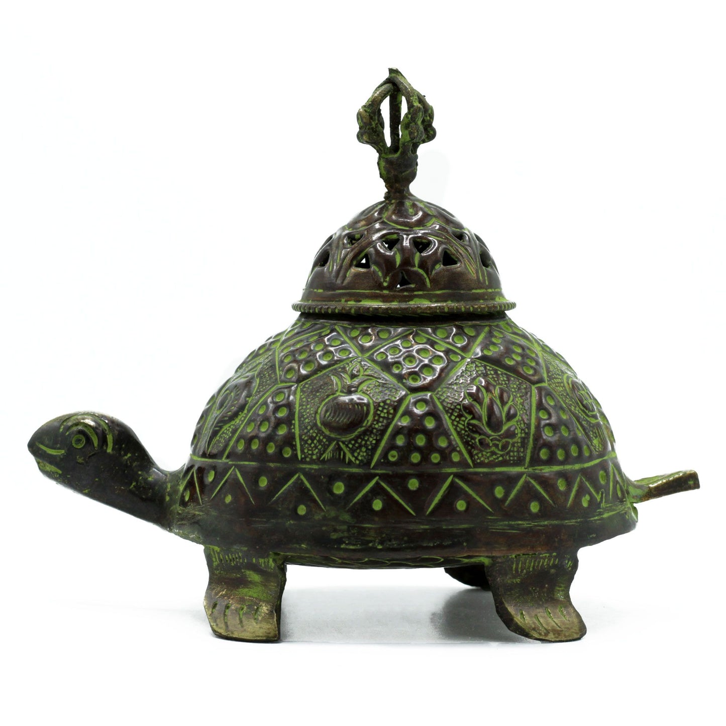 Großer tibetischer Schildkröten Räucherhalter aus Messing mit Patina
