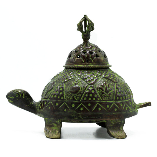 Großer tibetischer Schildkröten Räucherstäbchenhalter aus Messing mit Patina