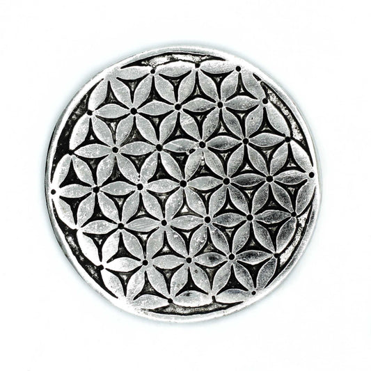 Blume des Lebens Räucherstäbchenhalter aus poliertem Aluminium 11cm