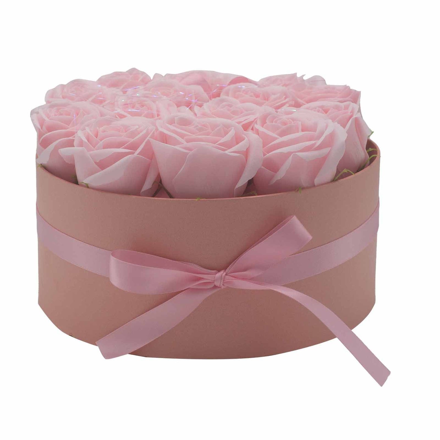 Seifenblumen Geschenkstrauß mit 14 Rosa Rosen in Runde Box