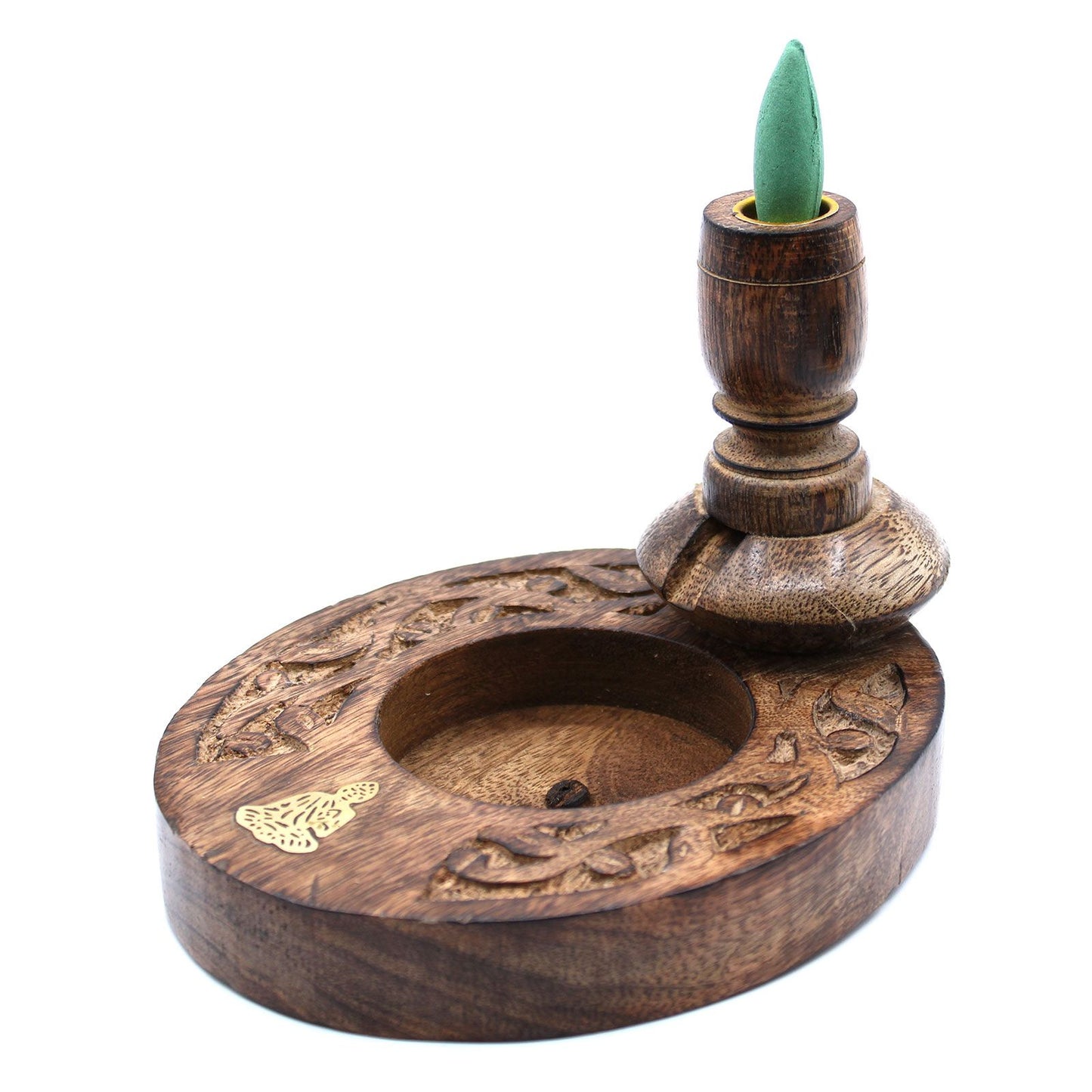 Kleiner Rückfluss Räucherbrenner aus Mangoholz Messing Buddha