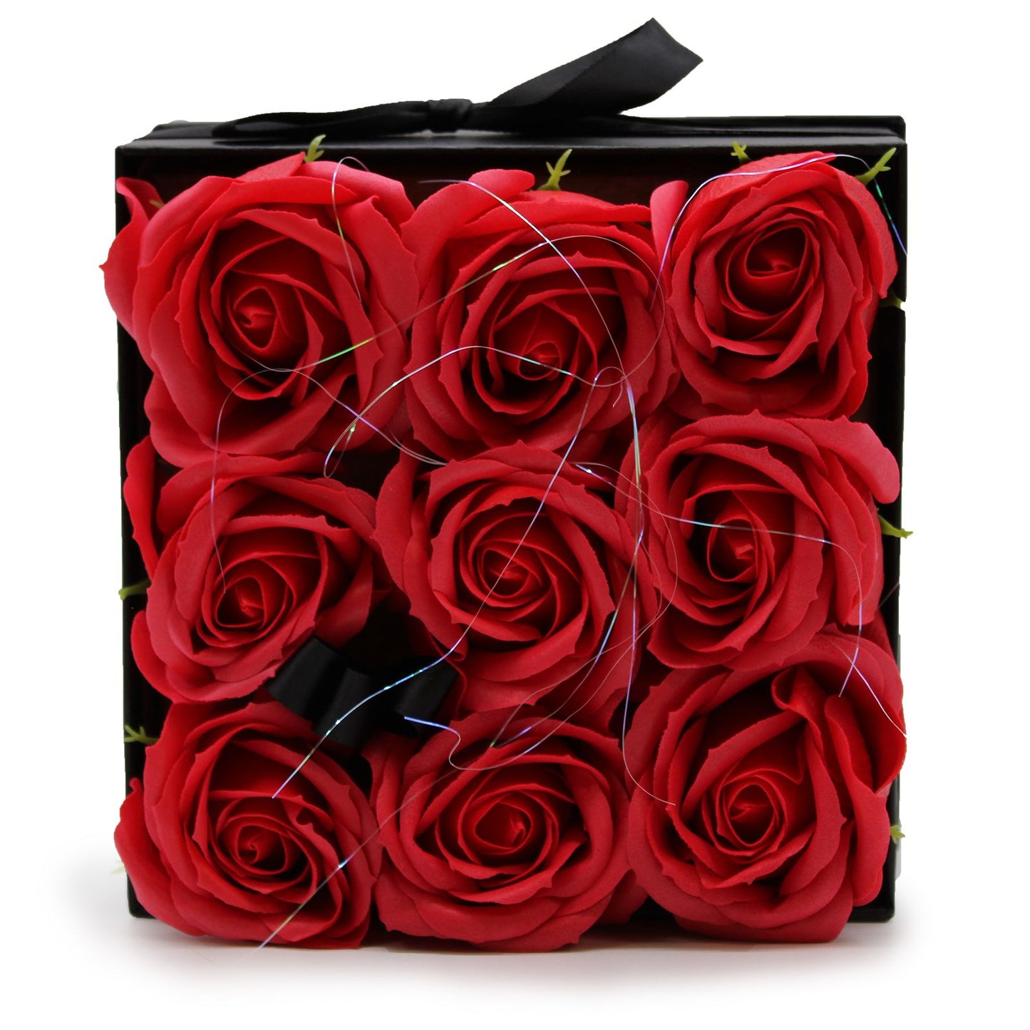 Seifenblumen Geschenkstrauß mit 9 Rote Rosen in Quadratische Box