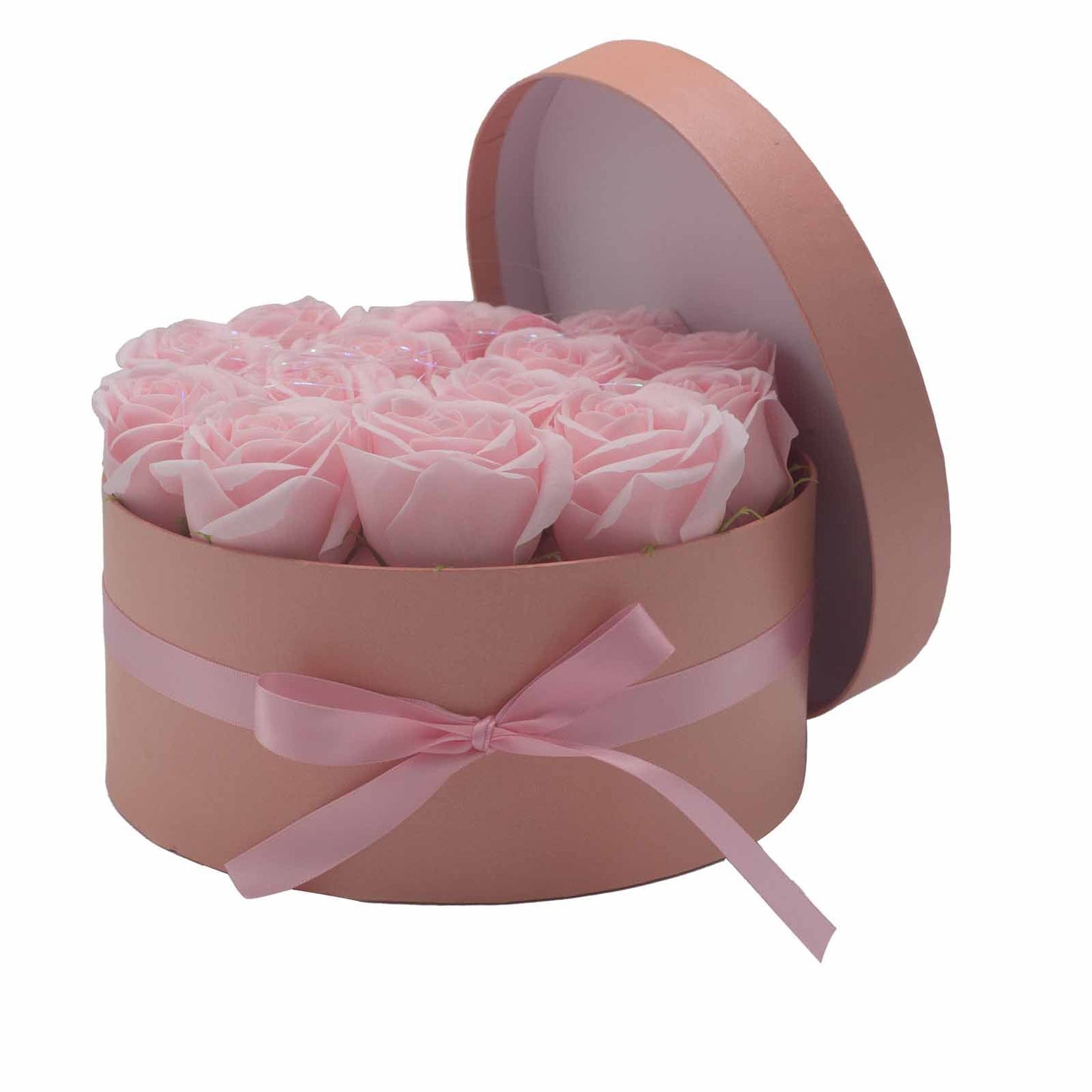 Seifenblumen Geschenkstrauß mit 14 Rosa Rosen in Runde Box