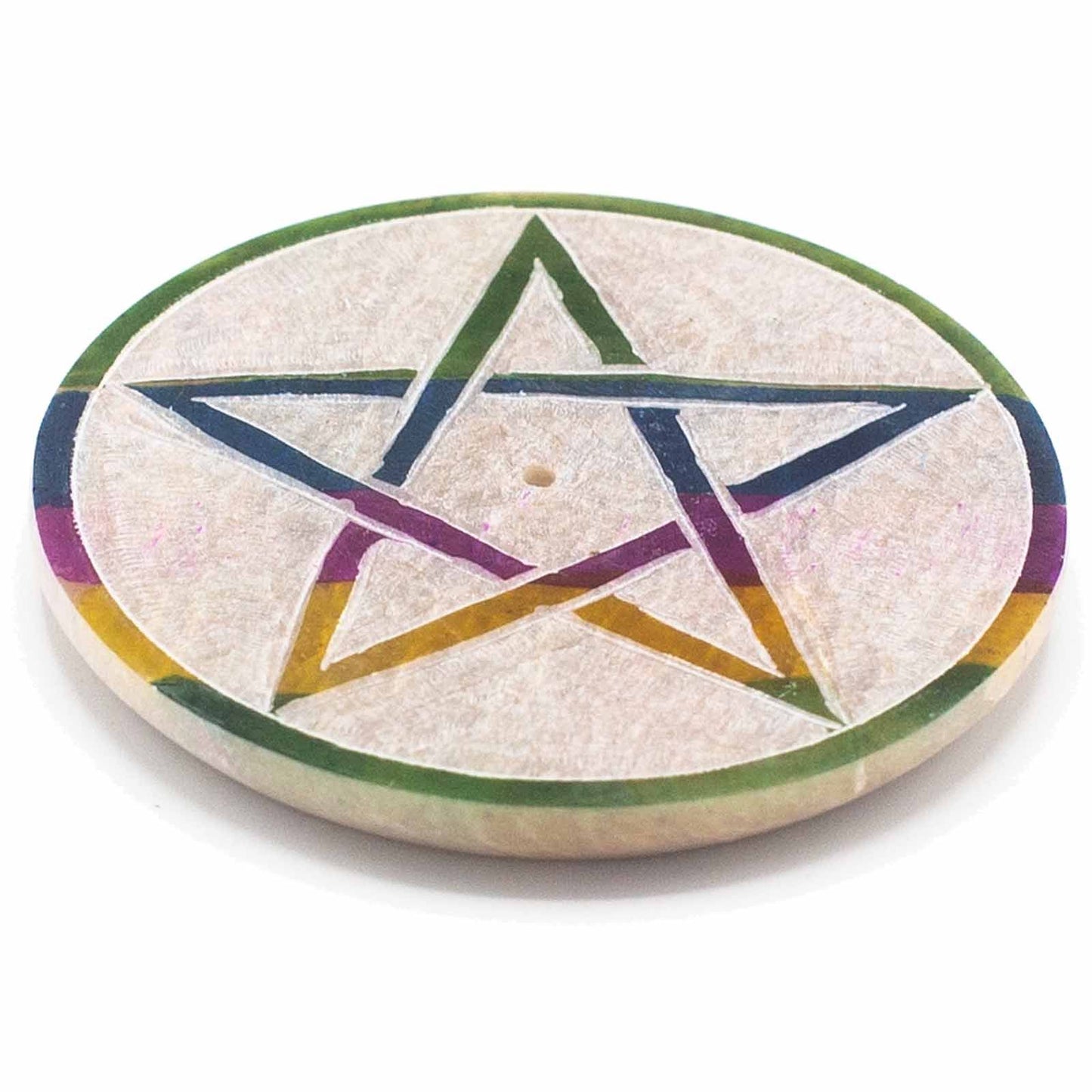 Runde Räucherhalterplatte aus Speckstein 8cm Pentagramm