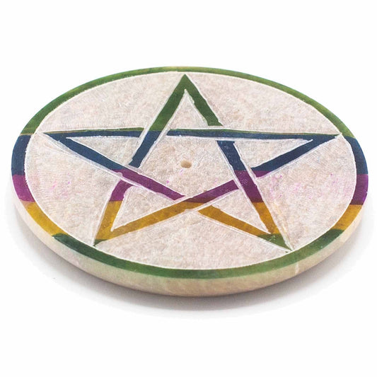 Runde Räucherstäbchenhalterplatte aus Speckstein 8cm Pentagramm
