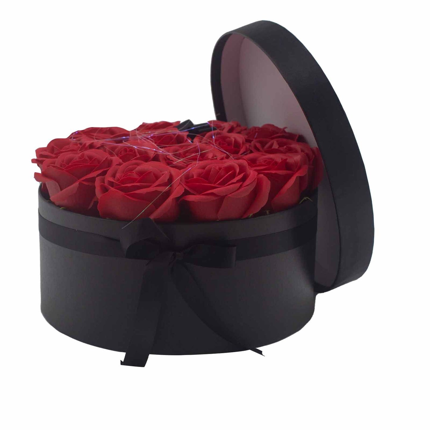 Seifenblumen Geschenkstrauß mit 14 Rote Rosen in Runde Box