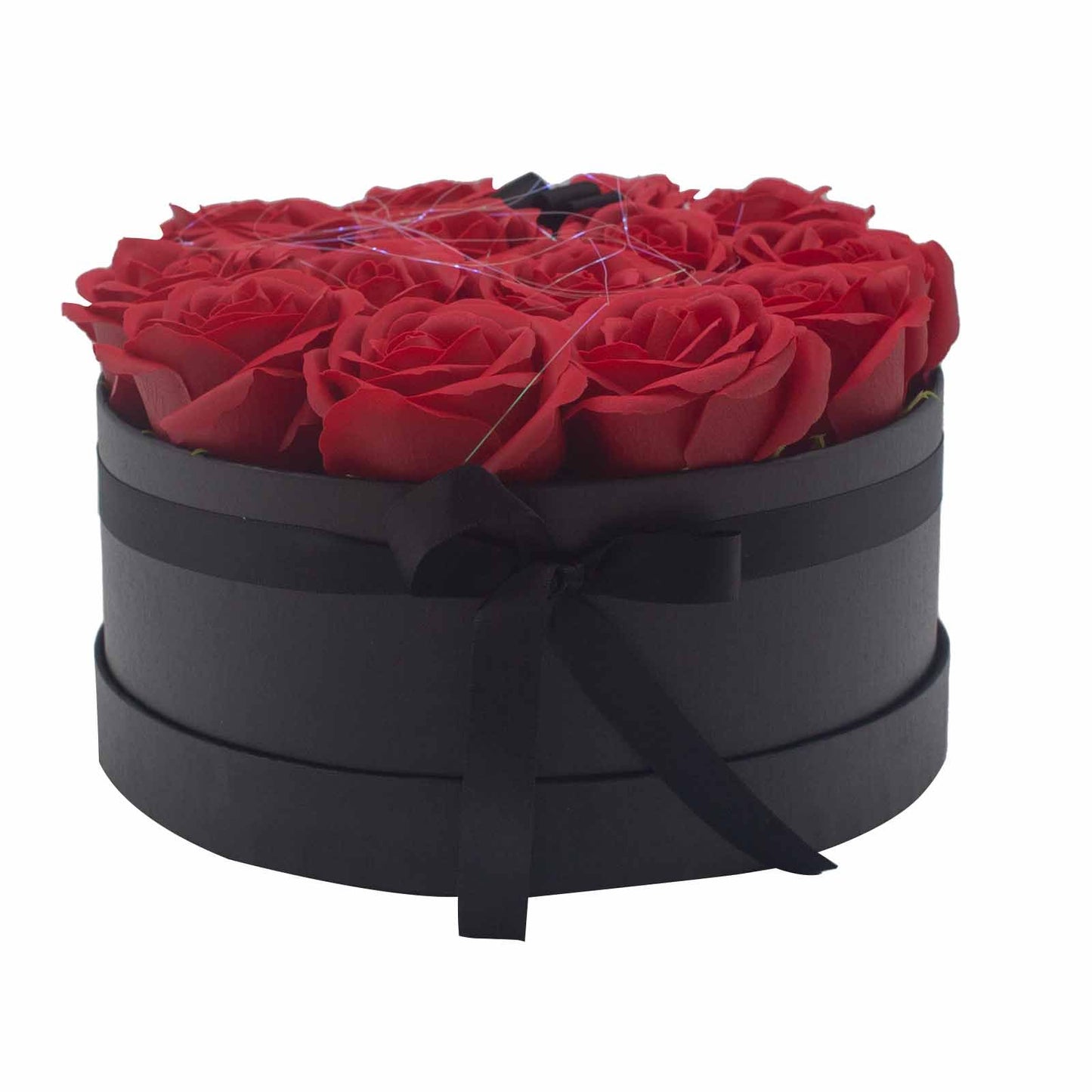 Seifenblumen Geschenkstrauß mit 14 Rote Rosen in Runde Box