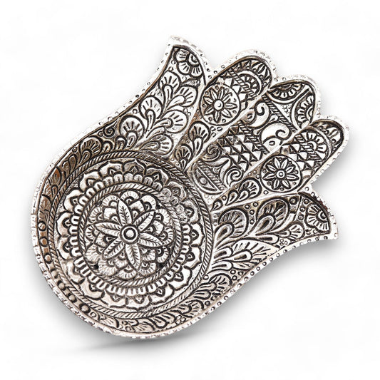 Großer Hamsa Räucherstäbchenhalter aus poliertem Aluminium 18x13cm