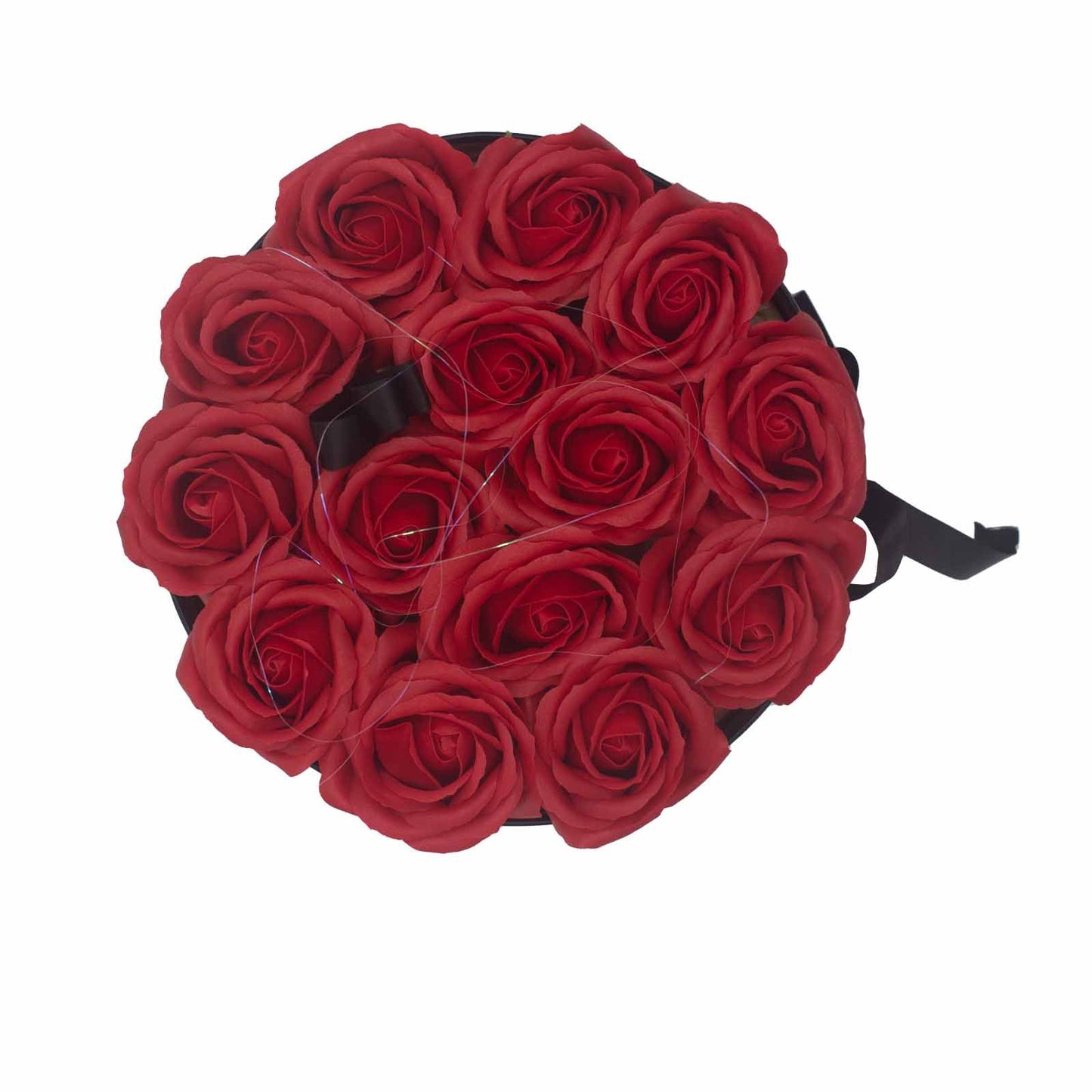 Seifenblumen Geschenkstrauß mit 14 Rote Rosen in Runde Box