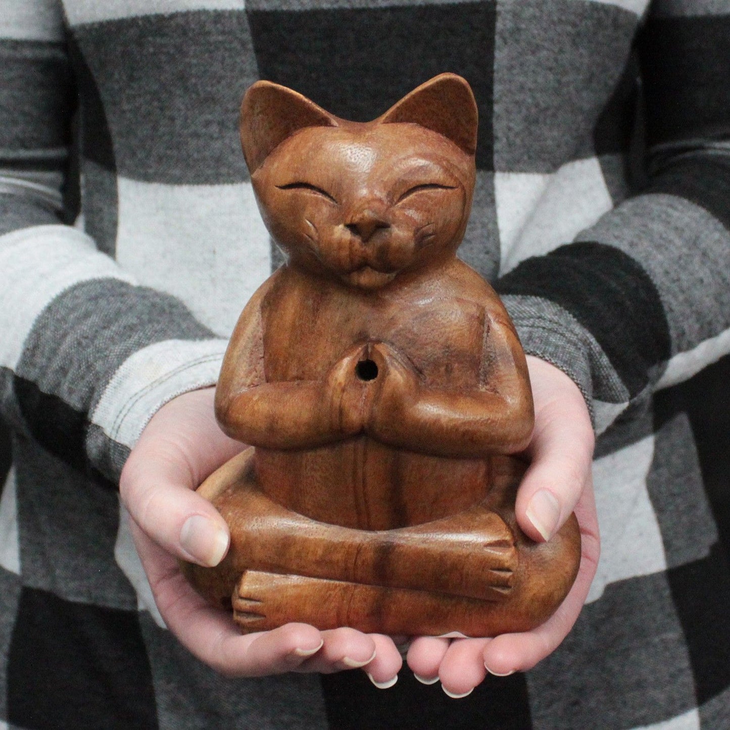 Geschnitztes Räuchergefäß aus Holz Großer Yoga Katze