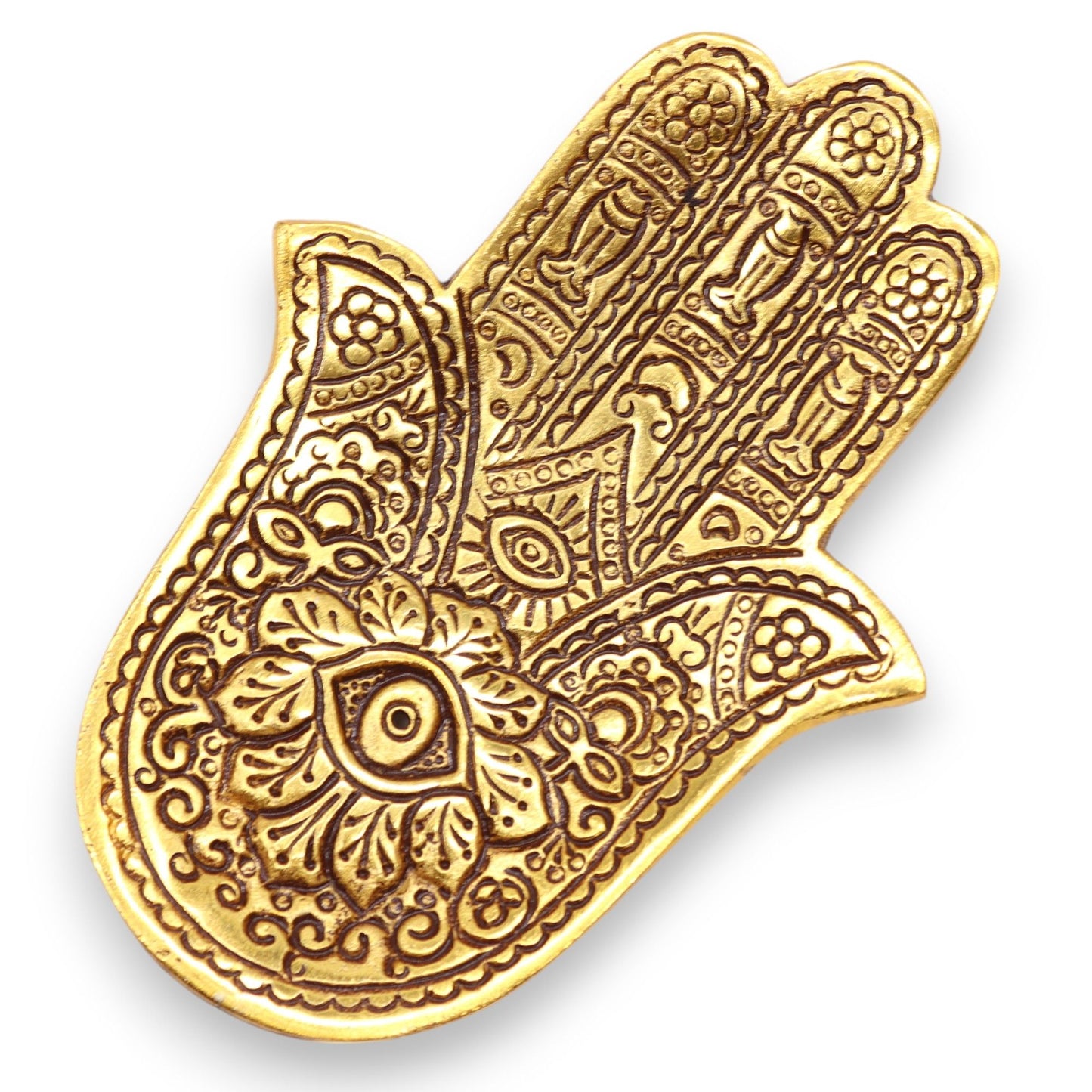 Kleiner Hamsa Räucherhalter aus goldfarbenem Aluminium 13x5.5cm