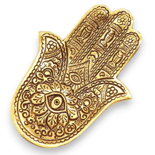 Kleiner Hamsa Räucherstäbchenhalter aus goldfarbenem Aluminium 13x5.5cm