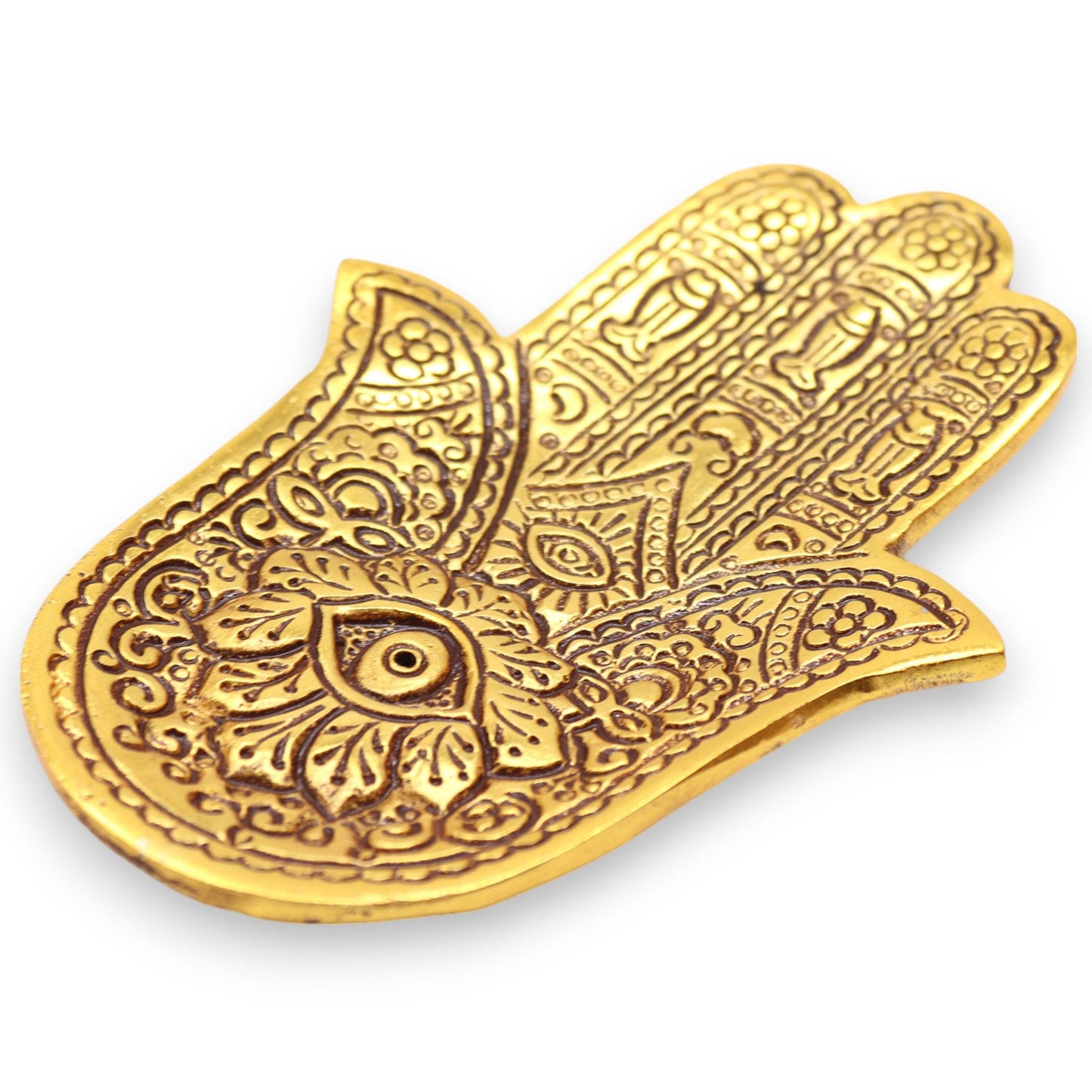 Kleiner Hamsa Räucherhalter aus goldfarbenem Aluminium 13x5.5cm