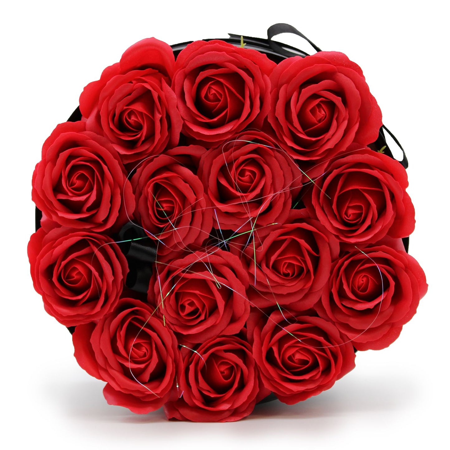 Seifenblumen Geschenkstrauß mit 14 Rote Rosen in Runde Box
