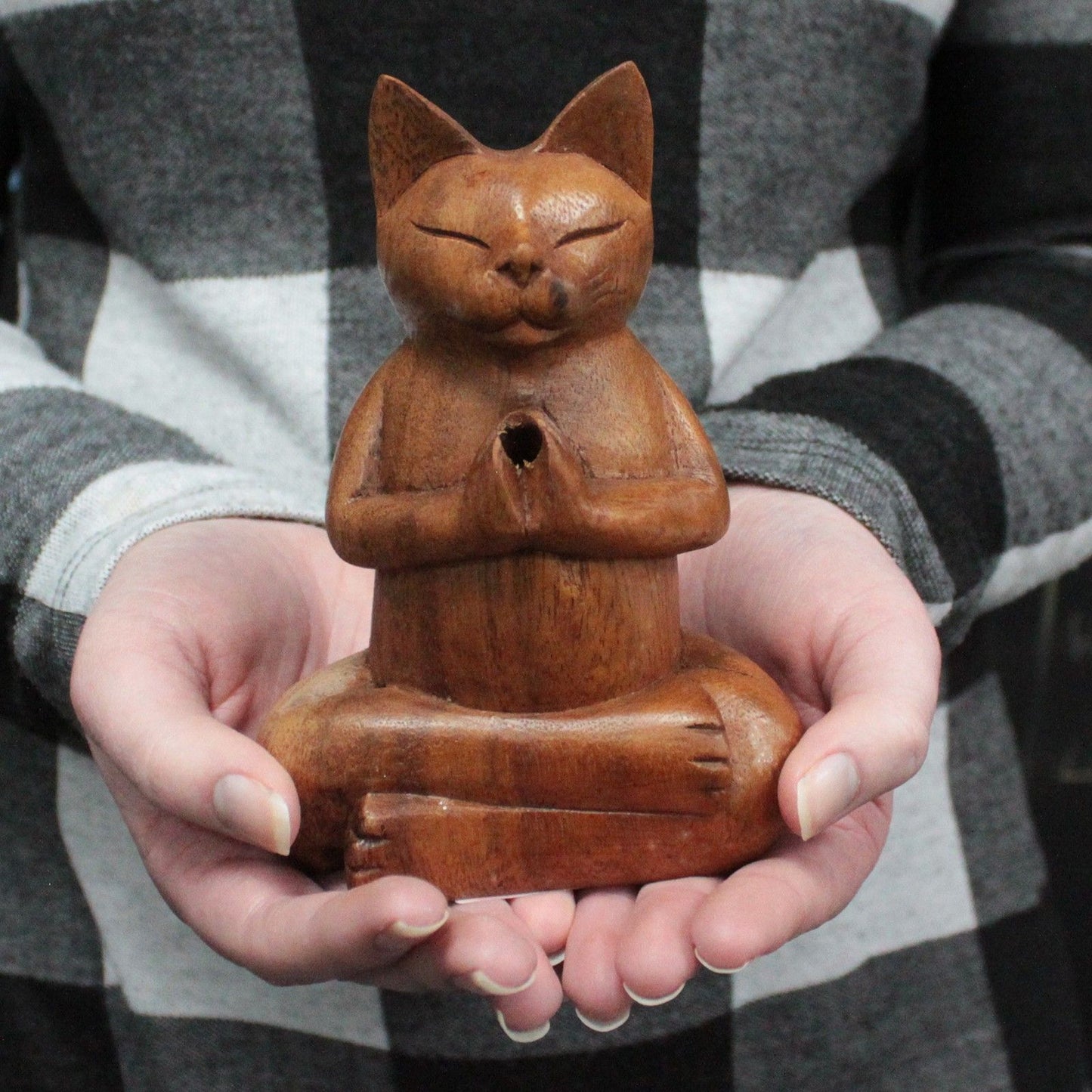 Geschnitztes Räuchergefäß aus Holz Mittelgroßer Yoga Katze