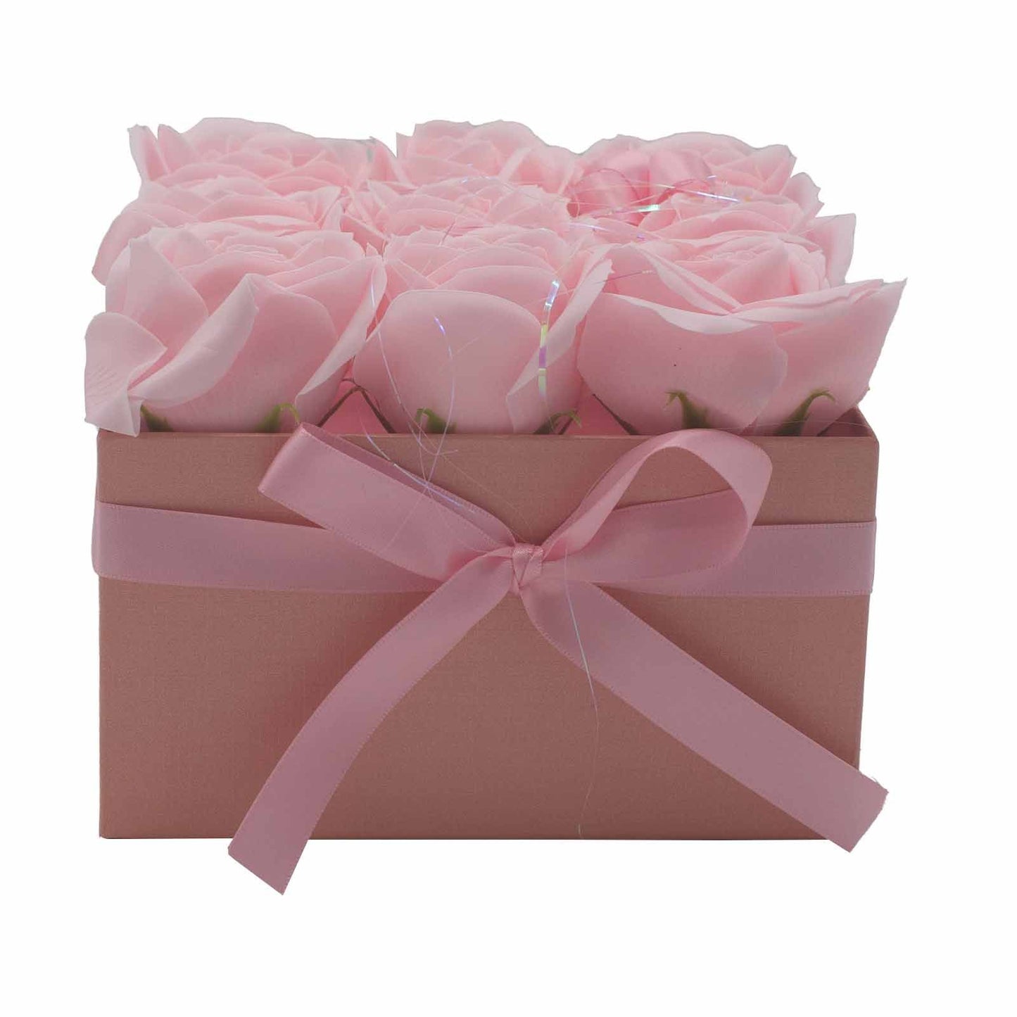 Seifenblumen Geschenkstrauß mit 9 Rosa Rosen in Quadratische Box