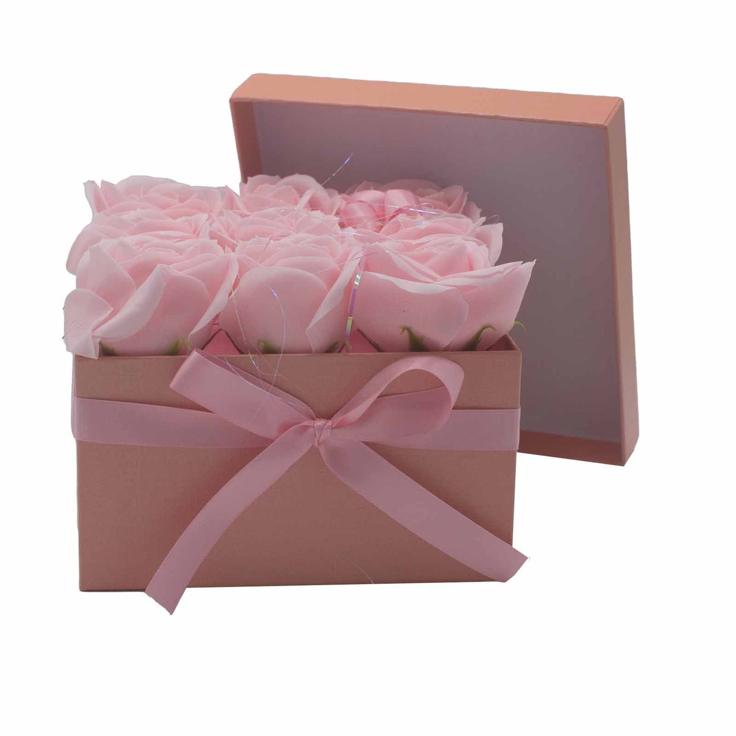 Seifenblumen Geschenkstrauß mit 9 Rosa Rosen in Quadratische Box