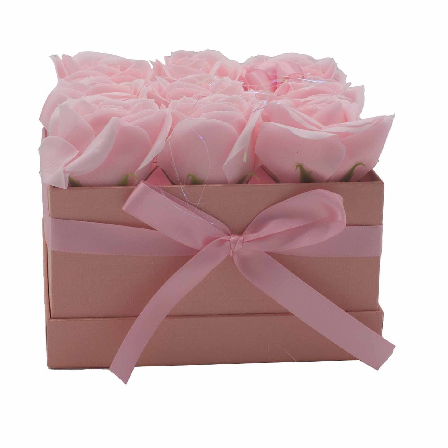 Seifenblumen Geschenkstrauß mit 9 Rosa Rosen in Quadratische Box