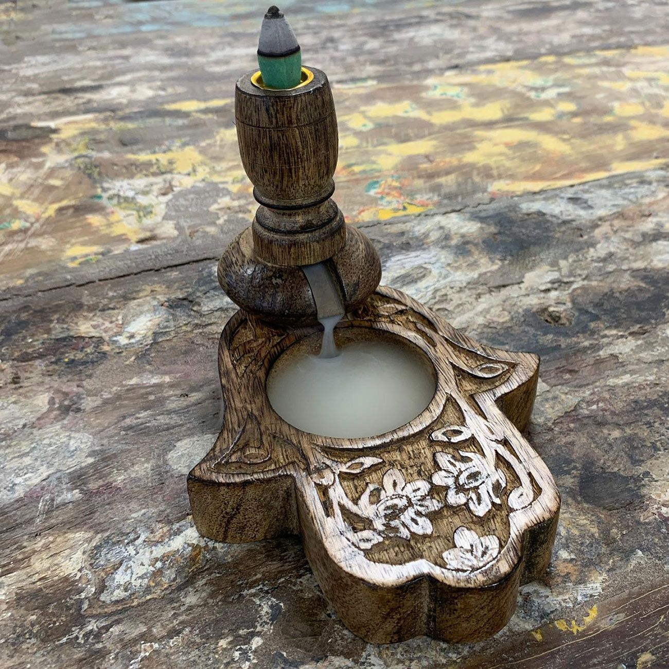 Kleiner Rückfluss Räucherbrenner aus Mangoholz Hamsa